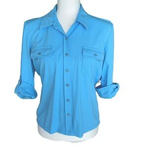 J. McLaughlin Blue Gold Button Down Roll Up Sleeve Polo Top Shirt - S